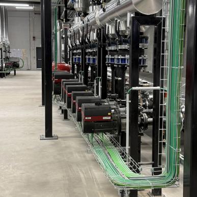 File di pompe industriali collegate a tubazioni in acciaio inox con canaline verdi per i cavi elettrici.