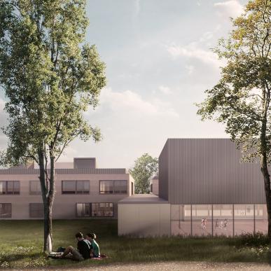 Render architettonico di una scuola con ampi spazi verdi, studenti che si rilassano sul prato e una palestra con campi sportivi visibili dall’esterno.