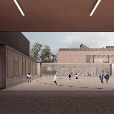 Render di un cortile scolastico con bambini che giocano e insegnanti che interagiscono davanti agli edifici moderni della scuola.