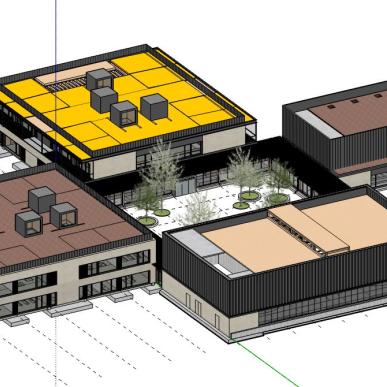 Vista assonometrica del modello 3D della scuola, composta da più corpi collegati con un cortile centrale alberato.