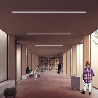 Render degli interni della scuola con un corridoio luminoso e pareti vetrate, arredato con librerie e studenti che leggono.
