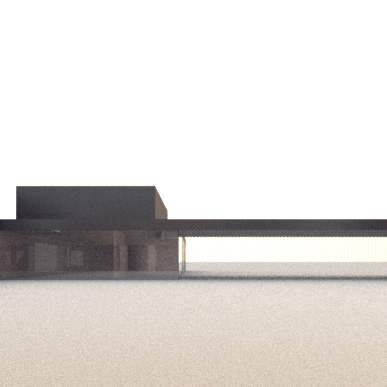 Vista renderizzata della scuola con edifici moderni a volumi semplici e porticati.